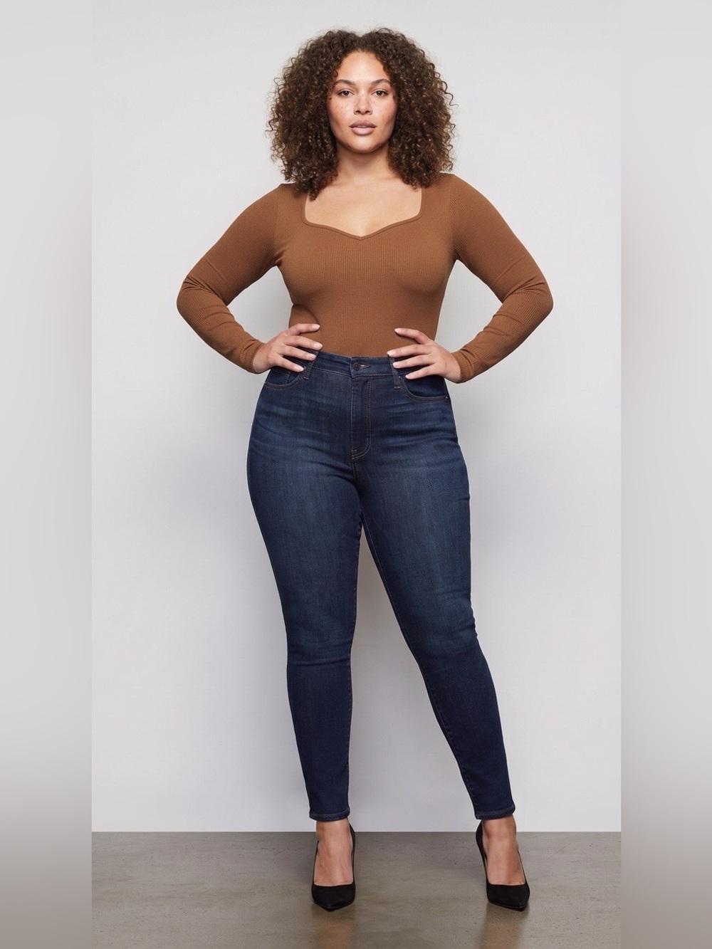 OQQ Ribbed Long-Sleeve Scoop Neck Top - Taupe